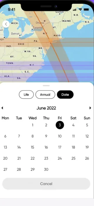 The period picker in AstroGeo with Life, Annual and Date modes and a calendar for June 2022.