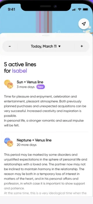 A list of active lines for a profile, showing a Sun plus Venus line and a Neptune plus Venus line with their durations and readings.