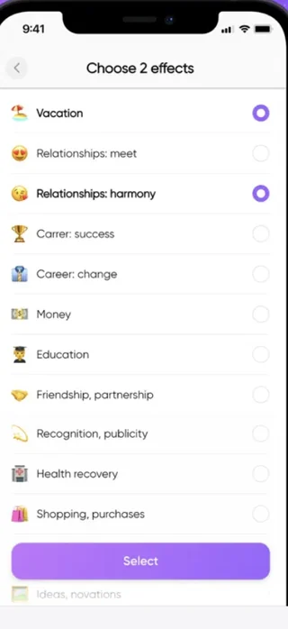 The effects list in AstroGeo: twelve topics such as Vacation, Relationships and Career, with two of them selected.