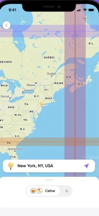 Coloured bands and lines drawn over a map of the north-east United States, with New York selected below.